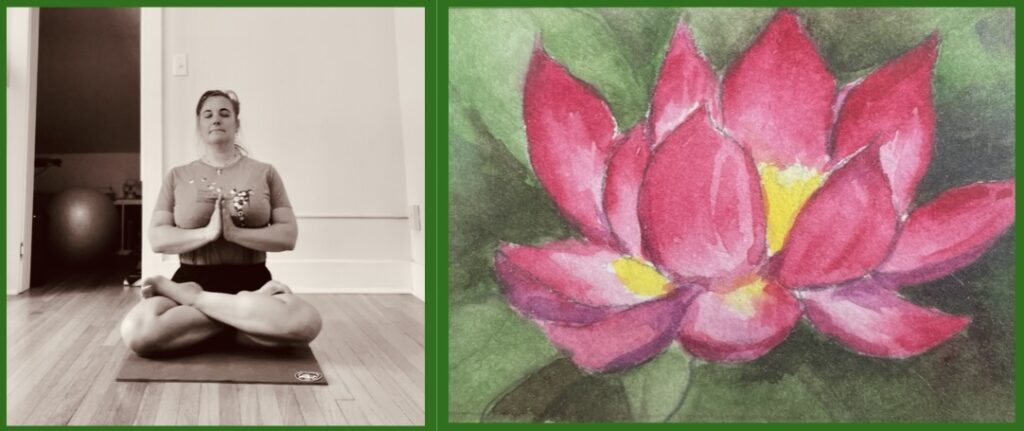 person doing yoga next to flower painting